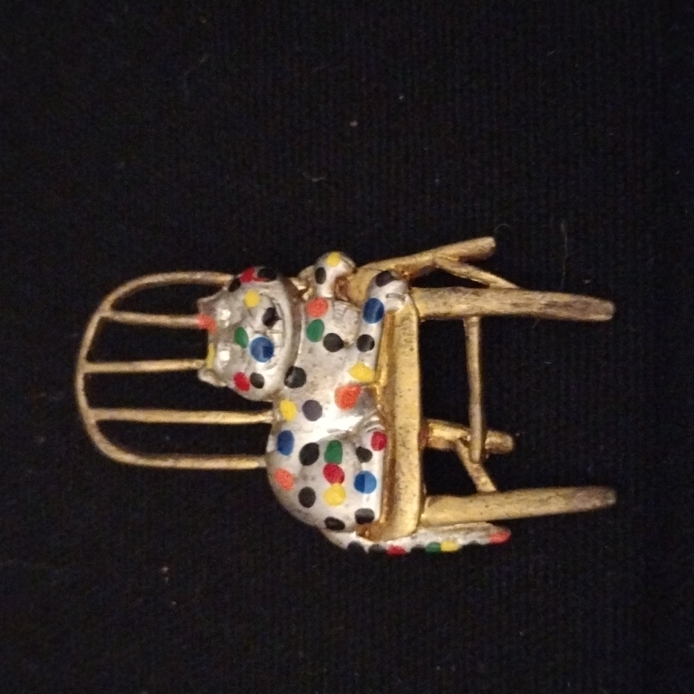 Vintage New View Gold Tone Multi Color Enamel Cat on a Chair Brooch